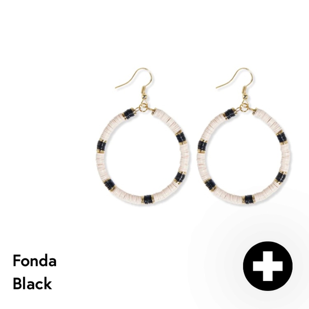 NEW INK + ALOY Fonda black stripe on cream hoop dangle earrings